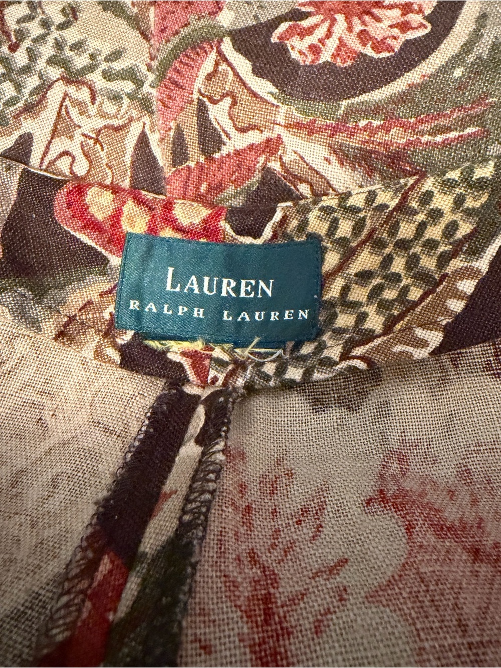 Vintage LAUREN Ralph Lauren linen trousers in brown w/ red/green floral pattern - Picture 7 of 7